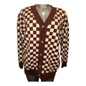 12th Tribe Brown and Cream Checkerboard Button-Up Cardigan